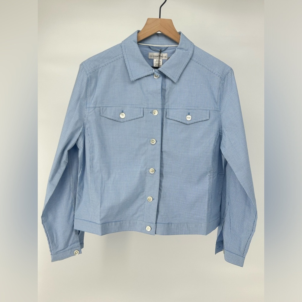 "NWT" Cutter & Buck Women's Stretch Blue Gingham Print Button Down Shirt- Medium